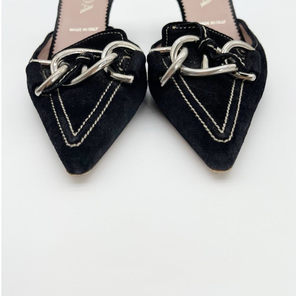 Prada Retro Vintage Y2K Black Suede Chain Pointed Toe Kitten Heel Mules IT 35 - Picture 4 of 11
